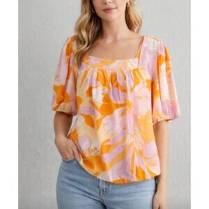 DR2 Orange Pink Floral Top Size XL